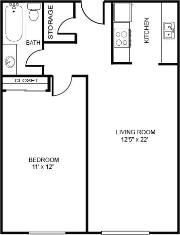 Floor plan for 1 bed, 1 bath, 790 sqft